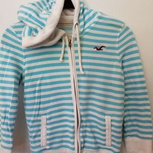 Hollister Jacket Hoodie Size Small Terry zip Pockets Blue/White Stripe